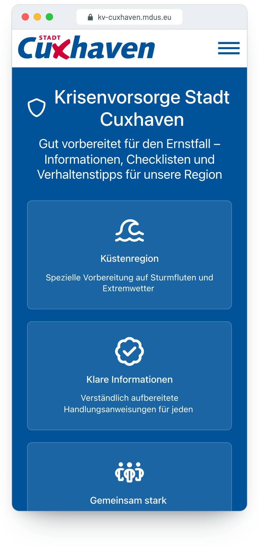 Die Krisenvorsorge-Seite der Stadt Cuxhaven auf dem Smartphone, im Blau und mit dem Logo der Stadt