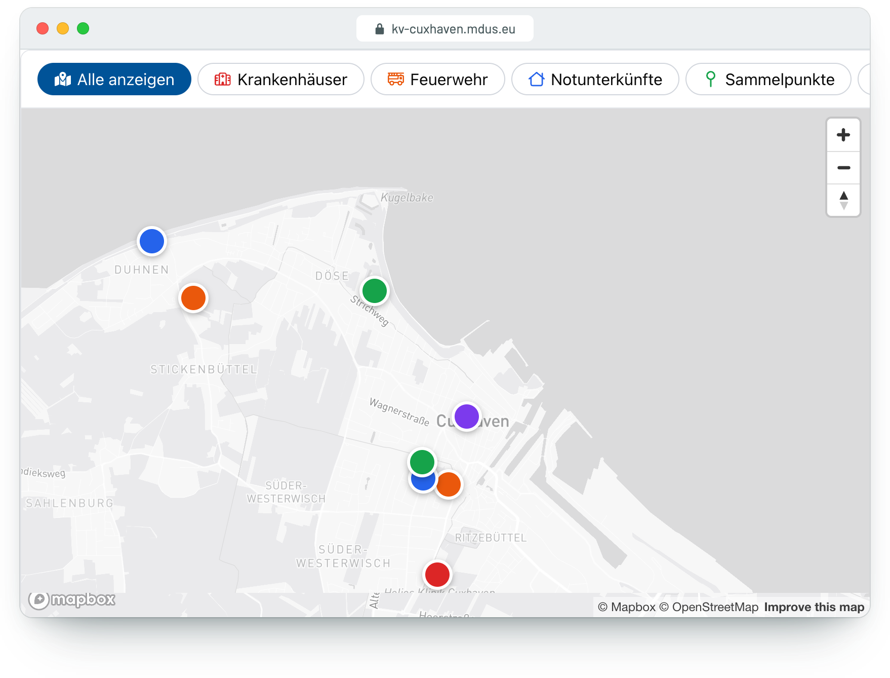 Notfall-Karte auf kv-cuxhaven.mdus.eu mit Filtern und den Standorten der Stadt Cuxhaven