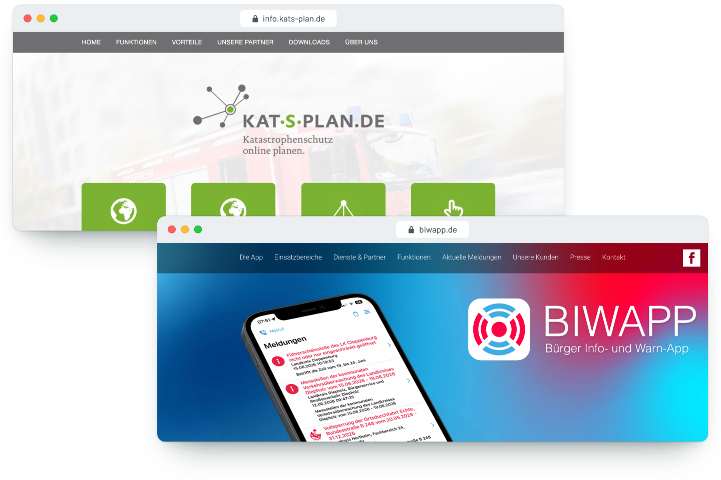 Die Startseiten von KatS-Plan.de und biwapp.de, der Bürger Info- und Warn-App
